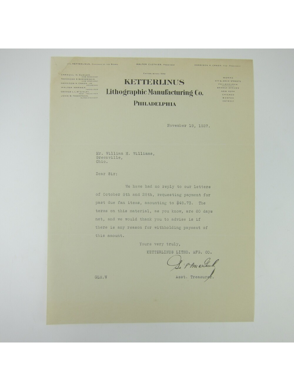 Vintage 1927 Letterhead Ketterlinus Lithographic Manufacturing Philadelphia PA